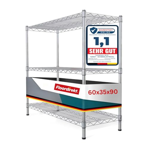 Floordirekt Küchenregal, Gitterregal, Metallregal | Tragkraft ca. 70kg je Boden Multifunktionales Aufbewahrungsregal, Badezimmerregal, Lagerregal, Kellerregal Chrom (60x35x90cm | 3 Böden) Everest von Floordirekt