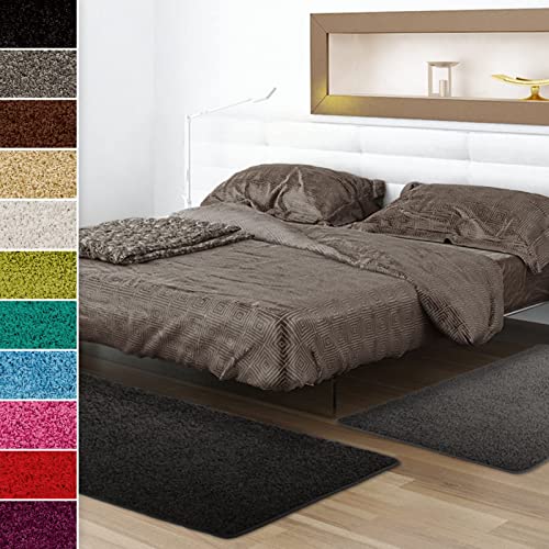 Shaggy-Bettumrandung Sphinx - 3-teiliges Läufer-Set für das Schlafzimmer - Hochflor Bettvorleger in vielen Farben (B: 67 cm | L: 1 x 240 cm + 2 x 140 cm, Schwarz) von Floordirekt