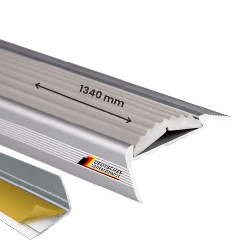 Floordirekt Treppenkantenprofil selbsklebend aus Alu mit rutschfester Gummi Kantenschutz für Laminat, Parkett, Treppen Stufenkantenprofil - Treppenwinkel, Treppenprofil, Winkelprofil grau 134 cm von Floordirekt