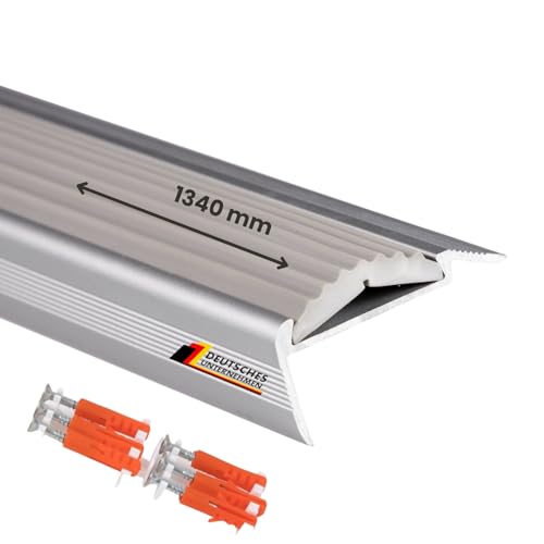 Floordirekt Treppenkantenprofil gelocht aus Aluminium mit rutschfester Gummi Kantenschutz für Laminat, Parkett, Treppen Stufenkantenprofil - Treppenwinkel, Treppenprofil, Winkelprofil grau 134 cm von Floordirekt