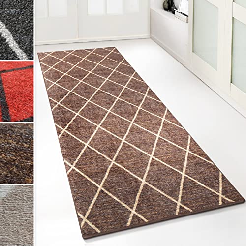 Floordirekt Teppich-Läufer Cosenza | Modernes Rauten-Design | Hochwertige Verarbeitung | Rutschhemmender Gelrücken | Erhältlich in 5 Farben & vielen Größen (80 x 500 cm, Braun) von Floordirekt
