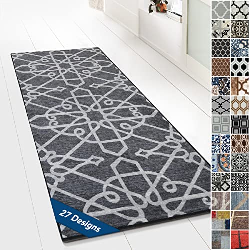 Floordirekt Teppichläufer mit Muster - maßgefertigter Feinschlingen Teppich Läufer für Küche, Flur & Wohnraum - Ornament Vintage Orient Gitter (80 x 200 cm, Navelli Schwarz) von Floordirekt