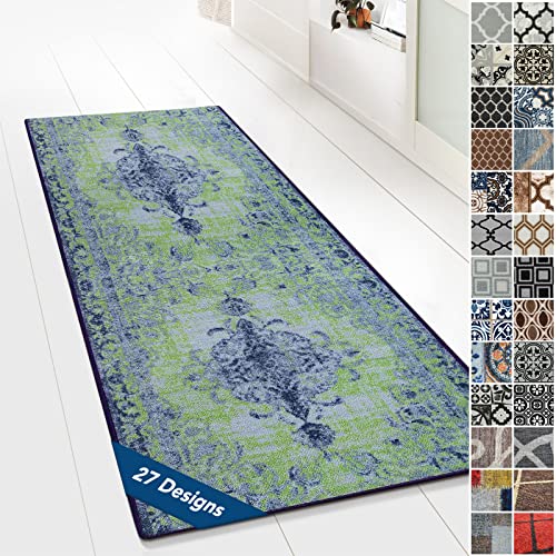 Floordirekt Teppichläufer mit Muster - maßgefertigter Feinschlingen Teppich Läufer für Küche, Flur & Wohnraum - Ornament Vintage Orient Gitter (80 x 150 cm, Palau Blau) von Floordirekt