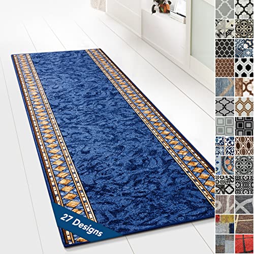 Floordirekt Teppichläufer mit Muster - maßgefertigter Feinschlingen Teppich Läufer für Küche, Flur & Wohnraum - Ornament Vintage Orient Gitter (80 x 300 cm, Rügen Blau) von Floordirekt