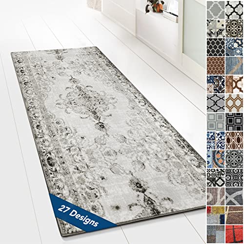 Floordirekt Teppichläufer mit Muster - maßgefertigter Feinschlingen Teppich Läufer für Küche, Flur & Wohnraum - Ornament Vintage Orient Gitter (80 x 350 cm, Palau Grau) von Floordirekt