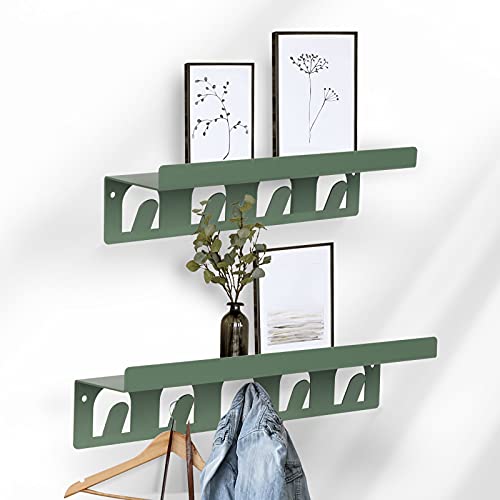 Wandregal aus Metall im praktischen 2er Set - Pink oder Grün - Raumdeko - Robuste Verarbeitung & leichte Anbringung - Wandgarderobe Schweberegal Ablage Regal Wohnaccessoire (mit Haken, Grün) von Floordirekt