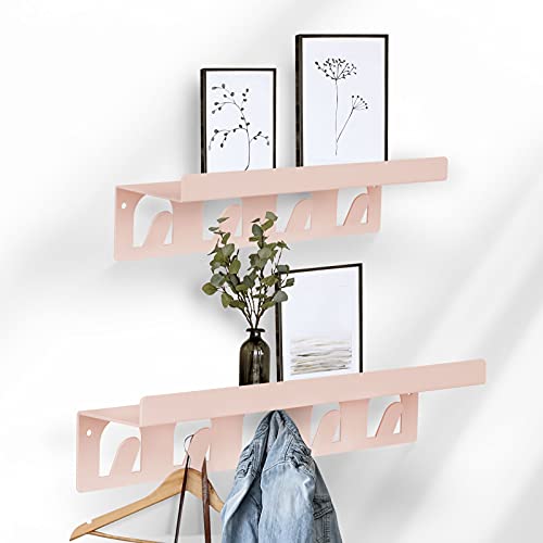 Wandregal aus Metall im praktischen 2er Set - Pink oder Grün - Raumdeko - Robuste Verarbeitung & leichte Anbringung - Wandgarderobe Schweberegal Ablage Regal Wohnaccessoire (mit Haken, Pink) von Floordirekt