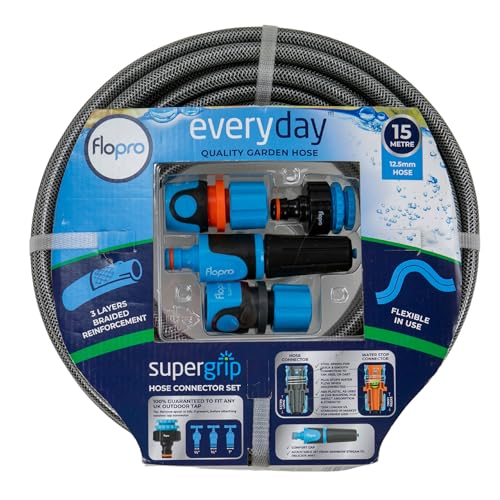Flopro - Everyday Gartenschlauch-Set 12,5 mm (1/2 Zoll) 15 m mit SUPERGRIP-Schlauchverbindern: 1 x Wasserhahnanschluss außen, 1 x Schlauchverbinder, 1 x Wasserstopp-Anschluss, 1 x Düse. Universell von Flopro