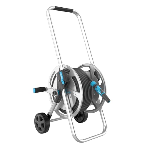 Flopro Robuster Metall-Schlauchwagen auf Rädern, 50 m: starker Rahmen für Stabilität, verstellbarer Griff und breite Räder. Komplett mit Supergrip-Schlauchanschlüssen und Düse. Passend für alle von Flopro