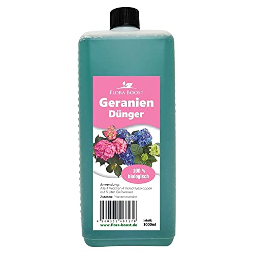 Konfitee Geranien Dünger Flora Boost 1000ml I Für bis zu 200L Gießwasser I Blumendünger für Balkon- & Gartenpflanzen I Flüssiger Blatt- & Wurzeldünger I 100% natürlicher Pflanzendünger von Flora Boost