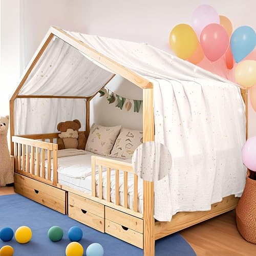 FloraVigo Home Bettbezug mit Goldener Applikation, handgefertigt aus 100% Baumwoll-Musselin, Stoffhimmel für die Hausbett-Dekoration, geeignet für Mädchen und Jungen (Weiß, 132 x 420 cm) von FloraVigo