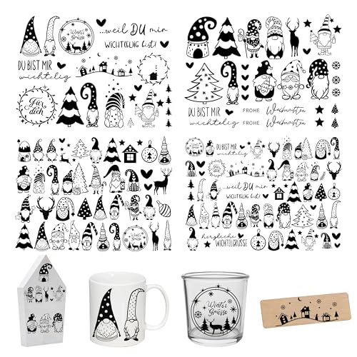 FloraVigo Rub On Sticker ca.A5 19x14cm-Abwischbare Folie für Weihnachtsdekoration, Keraflott, Zuhause, Möbel, Glas, Holz, Fotoalbum, DIY-Dekoration, Aufkleberästhetik(4PCS) (Wichtel) von FloraVigo