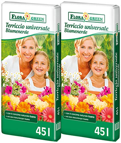 2 x 45L Floragard FloraGreen Blumenerde mit Guano, Universalerde, Pflanzerde, Topferde, Kübelpflanzenerde, Gartenerde, Gärtnererde, mit Start und Langzeitdünger von Floragard