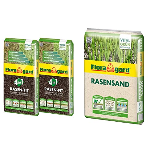 Floragard 4 in 1 Rasen-Fit 2x20 L für 20 m² • Rasenerde • Rasensubstrat zur Neuanlage • zur Ausbesserung und Pflege des Rasens & Rasen-Sand 15 kg für 10 m² • Rasenpflege • zum Lüften schwerer Böden von Floragard