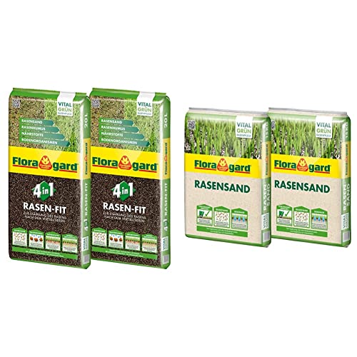 Floragard 4 in 1 Rasen-Fit 2x20 L für 20 m² • Rasenerde • Rasensubstrat zur Neuanlage & Rasen-Sand 2x15 kg für 20 m² • Rasenpflege • zum Lüften schwerer Böden • zum Topdressing nach dem Vertikutieren von Floragard