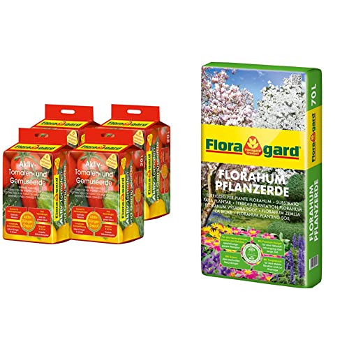 Floragard 4 x Aktiv-Tomaten-und Gemüseerde 20 Liter Blumenerde erdfarben & Florahum Pflanzerde 70 L • Universalerde • für Blumenbeete Stauden von Floragard