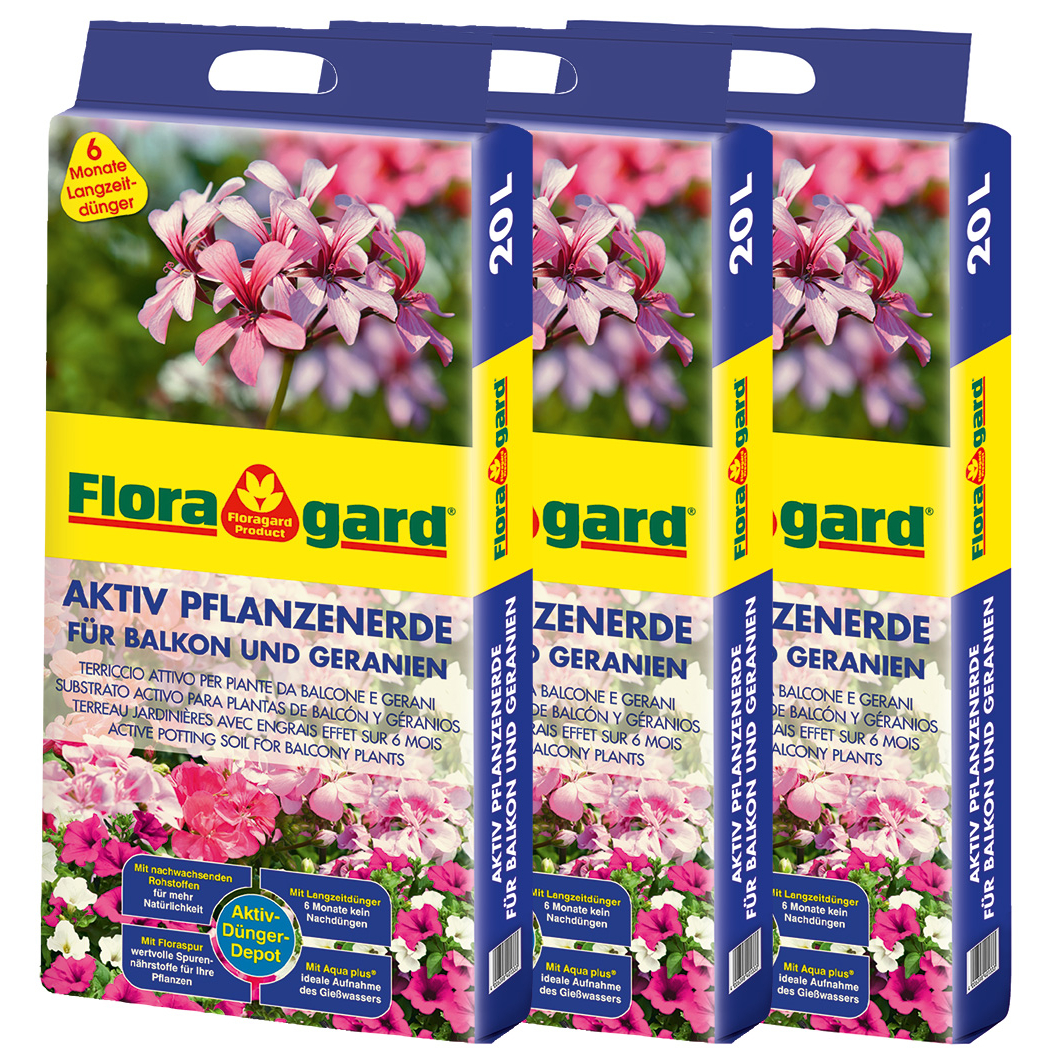 Floragard Aktiv Pflanzenerde für Balkon und Geranien 3x20 L von Floragard