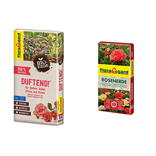 Floragard Bio-Erde Duftend 1x40 Liter - für Rosen, Balkonpflanzen, Kübelpflanzen und Zitruspflanzen & Rosenerde 40 Liter - torfreduzierte Spezialerde mit Ton für Rosen im Garten und im Kübel von Floragard