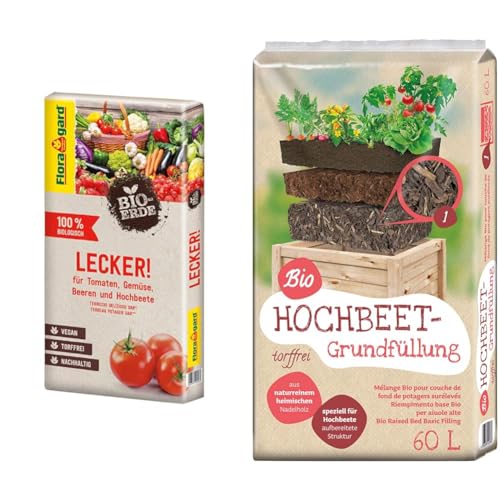 Floragard Bio-Erde Lecker 40 Liter - Gemüseerde für Hochbeete, Tomaten, Chili, Beeren, Gurken, Kräuter - torffrei und vegan & Universal Bio Hochbeet-Grundfüllung 60 Liter, Erdfarben von Floragard