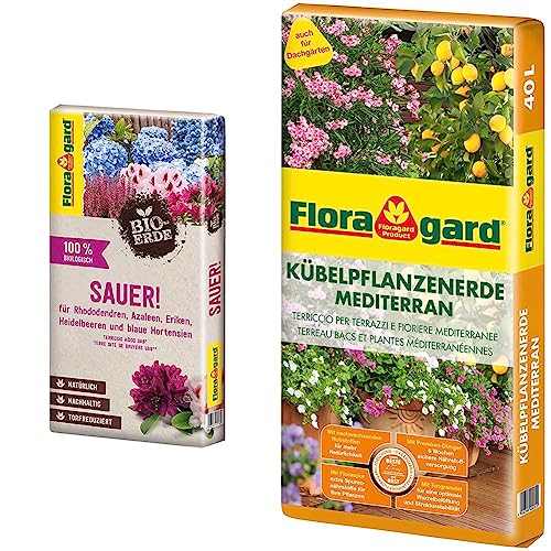 Floragard Bio-Erde Sauer 1x40 Liter & Kübelpflanzenerde mediterran 40 L - Spezialerde für große Kübel, Zitruspflanzen, Oleander, Oliven - auch für Dachgärten von Floragard