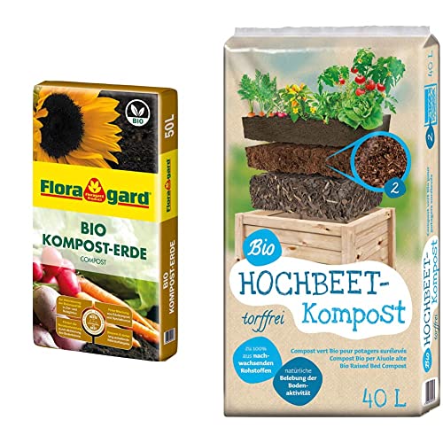 Floragard Bio Kompost-Erde 50 Liter – Pflanzerde für Blumen, Gemüse und Gehölze – mit Bio-Dünger - Gartenerde & Universal Bio Hochbeet-Kompost 40 Liter von Floragard