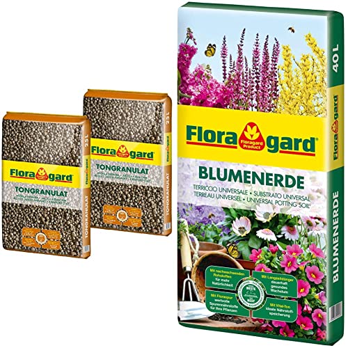 Floragard Blähton Tongranulat zur Drainage 2x25 L • Hydrokultursubstrat • für Pflanzkästen, Kübel oder Töpfe • Drainagematerial • 50 L & Blumenerde, 40 Liter von Floragard
