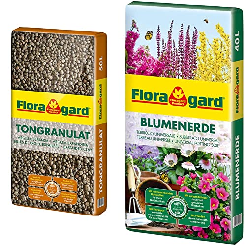 Floragard Blähton Tongranulat zur Drainage - Hydrokultursubstrat - für Pflanzkästen, Kübel oder Töpfe - 50 L & Floragard Blumenerde, 40 Liter von Floragard