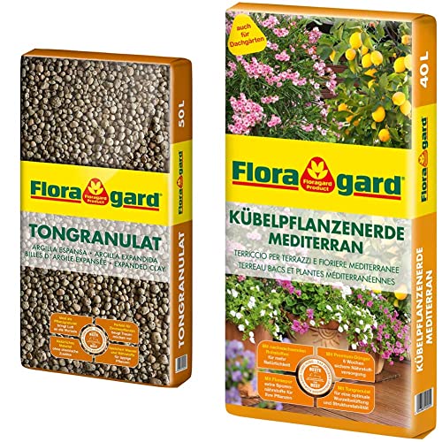 Floragard Blähton Tongranulat zur Drainage - Hydrokultursubstrat - für Pflanzkästen, Kübel oder Töpfe - 50 L & Floragard Kübelpflanzenerde mediterran 40 L - Spezialerde für große Kübel von Floragard