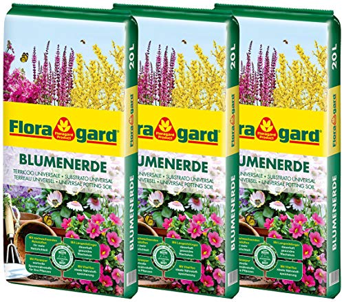 Floragard Blumenerde 3x20 L - Universalerde für Zimmer-, Balkon- und Kübelpflanzen - mit Ton und Langzeitdünger - 60 Liter von Floragard