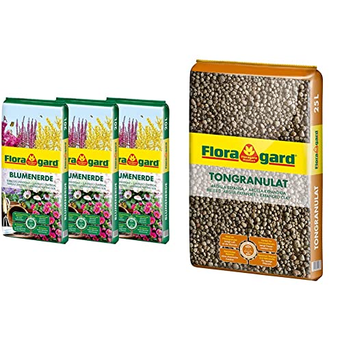 Floragard Blumenerde 3x20 L & Blähton Tongranulat zur Drainage 25 L • Hydrokultursubstrat • für Pflanzkästen, Kübel oder Töpfe • Drainagematerial von Floragard