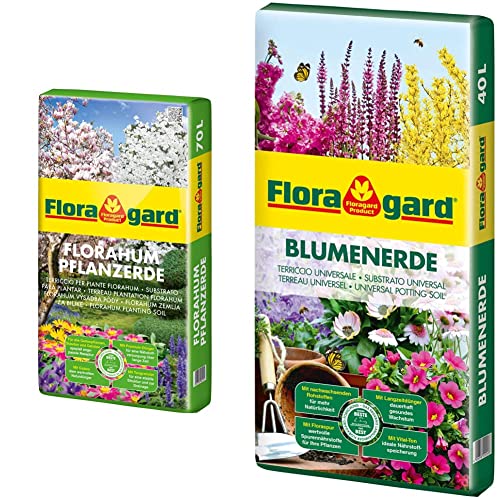 Floragard Florahum Pflanzerde 70 L • Universalerde • für Blumenbeete, Stauden, Sträucher, Gehölze und andere Gartenpflanzen • mit Tongranulat und dem Naturdünger Guano & Blumenerde, 40 Liter von Floragard