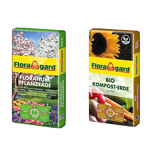 Floragard Florahum Pflanzerde 70 L • Universalerde • für Blumenbeete & Bio Kompost-Erde 50 Liter – Pflanzerde für Blumen, Gemüse und Gehölze – mit Bio-Dünger - Gartenerde von Floragard