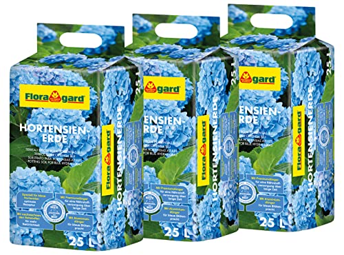 Floragard Hortensienerde blau 3x25 L - zum Pflanzen und Umtopfen - für Beet- und Kübelbepflanzung - für Blaue Hortensien - mit Tongranulat von Floragard