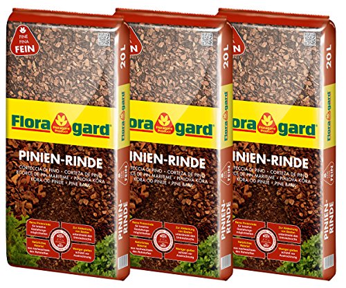 Floragard Mulch Pinienrinde 2-8 mm 3x20 L • superfein • dekorativer Bodenbelag • unterdrückt Unkrautwuchs • naturbelassen • für mediterranes Flair • 60 L • auch zur Kübel-Abdeckung von Floragard