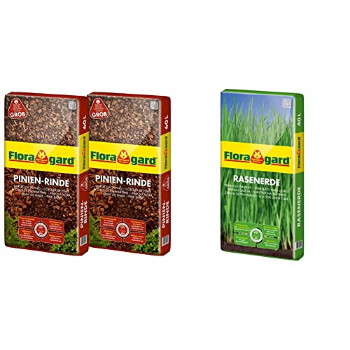 Floragard Mulch Pinienrinde 25-40 mm 2x60 L • grob • dekorativer Bodenbelag 120 L & Floragard Rasenerde 40 L • hochwertige Spezialerde • zur Neuanlage, Pflege und Ausbesserung von Rasenflächen von Floragard