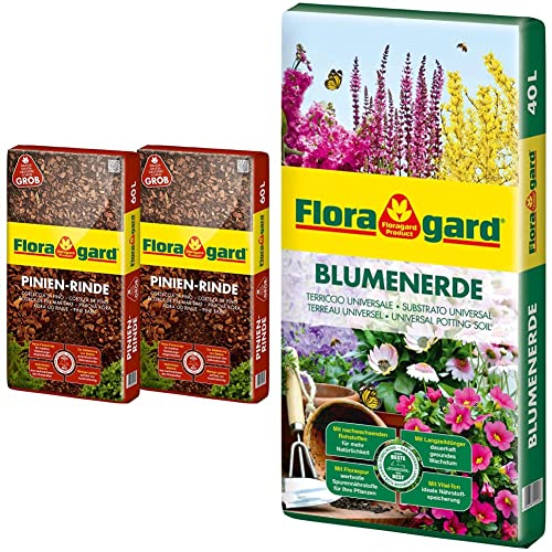 Floragard Mulch Pinienrinde 25-40 mm 2x60 L • grob • dekorativer Bodenbelag • unterdrückt Unkrautwuchs • naturbelassen • für mediterranes Flair • 120 L & Floragard Blumenerde, 40 Liter von Floragard