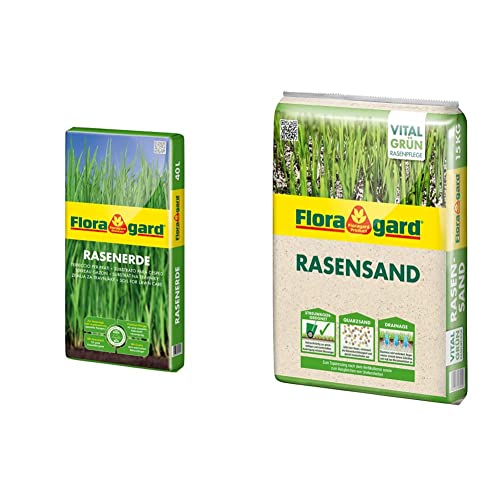 Floragard Rasenerde 40 L • hochwertige Spezialerde • zur Neuanlage & Rasen-Sand 15 kg für 10 m² • Rasenpflege • zum Lüften Schwerer Böden • streuwagenfähig • zum Topdressing nach dem Vertikutieren von Floragard