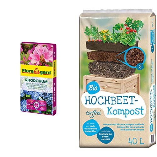 Floragard Rhodohum 40 L • Spezialerde • für Rohododendron, Azaleen, Blaubeeren und andere Moorbeetpflanzen • zur Bodenverbesserung • mit dem Naturdünger Guano & Universal Bio Hochbeet-Kompost 40 Liter von Floragard