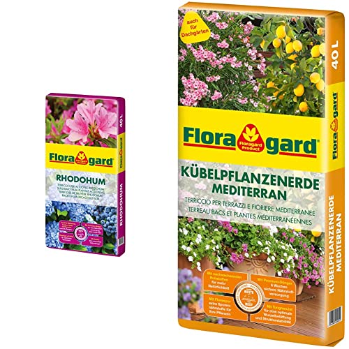 Floragard Rhodohum 40 L • Spezialerde • für Rohododendron, Azaleen & Kübelpflanzenerde mediterran 40 L - Spezialerde für große Kübel, Zitruspflanzen, Oleander, Oliven - auch für Dachgärten von Floragard