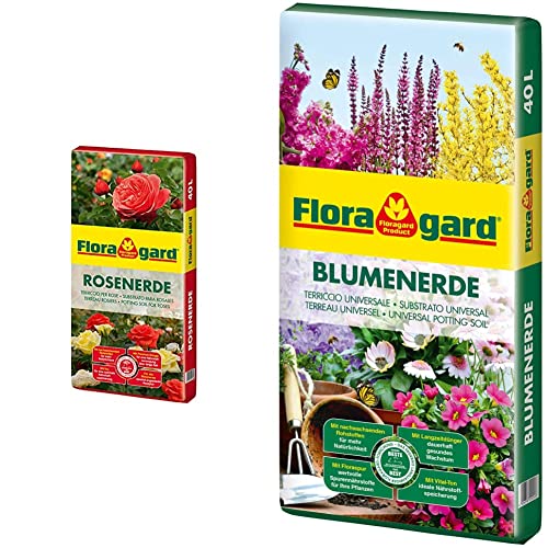 Floragard Rosenerde 40 Liter - torfreduzierte Spezialerde mit Ton für Rosen im Garten und im Kübel & Blumenerde, 40 Liter von Floragard