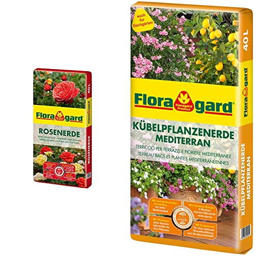 Floragard Rosenerde 40 Liter - torfreduzierte Spezialerde mit Ton für Rosen im Garten und im Kübel & Kübelpflanzenerde mediterran 40 L - Spezialerde für große Kübel Zitruspflanzen von Floragard