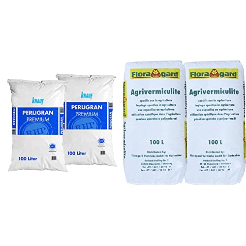 Knauf Gartenbau Perlite Perligran 2-6 mm 2x100 L • 200 L & Vermiculite 2x100 L Brutsubstrat für Reptilien in Terrarien Abdeckmaterial im Kübel gegen Unkrautbefall und Verdunstung • 200 L von Floragard