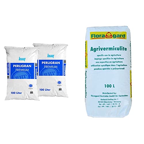 Knauf Gartenbau Perlite Perligran 2-6 mm 2x100 L • zur Erden- und Substratverbesserung • 200 L & Vermiculite 100 L Brutsubstrat für Reptilien in Terrarien Abdeckmaterial im Kübel von Floragard