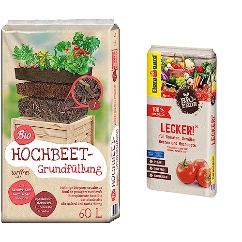 Universal Bio Hochbeet-Grundfüllung 60 Liter & Bio-Erde Lecker 20 Liter - Gemüseerde für Hochbeete, Tomaten, Chili, Beeren, Gurken, Kräuter - torffrei und vegan von Floragard