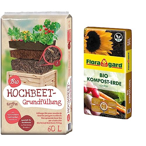 Universal Bio Hochbeet-Grundfüllung 60 Liter & Bio Kompost-Erde 50 Liter – Pflanzerde für Blumen, Gemüse und Gehölze – mit Bio-Dünger - Gartenerde von Floragard