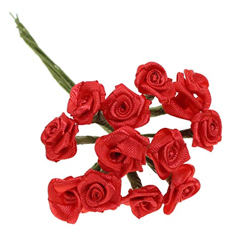 Floral-Direkt 12 Diorröschen 15mm mit Stiel 10cm Satinröschen 1 Bund Diorrosen Hochzeit Taufe, Farbe:rot von Floral-Direkt