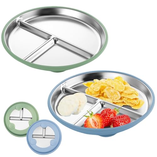 FloralGrace 2 Stück Edelstahl Baby Teller mit Saugnapf, 23CM Geteilte Kinder Teller mit Entfernbarer Silikon Hülle für Kinder, Nicht Rutschig Unzerbrechlich (Blau Grün) von FloralGrace