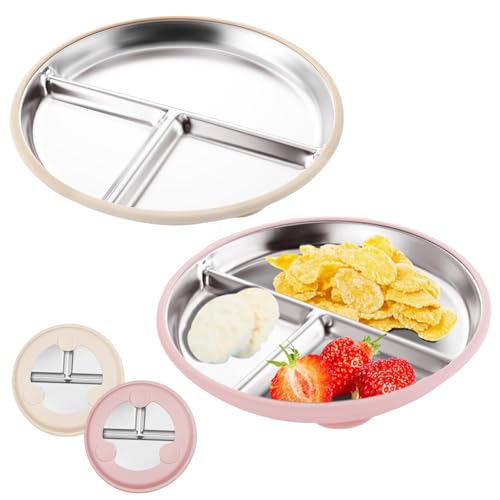FloralGrace 2 Stück Edelstahl Babyteller mit Saugnapf, 23CM Geteilte Kinder Teller mit Entfernbarer Silikon Hülle für Kinder, Nicht Rutschig Unzerbrechlich (Rosa Beige) von FloralGrace