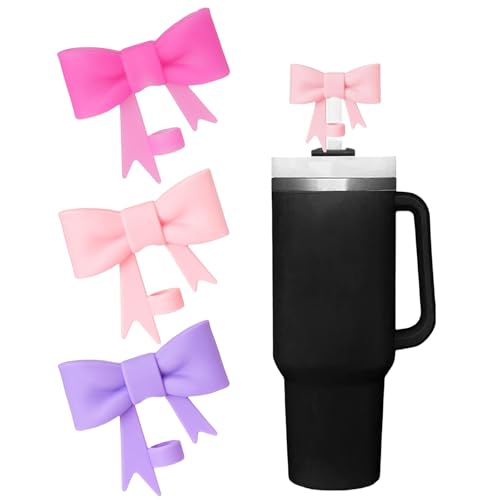 FloralGrace 3 Stück Strohhalm Abdeckung Für Stanley Cup 10mm Niedliche Schleife Silikonmaterial Zum Staubdichte Trinkhalm Strohhalme Abdeckung（Rosenrot, Rosa und Lila） von FloralGrace