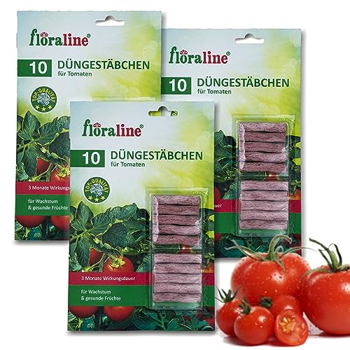 floraline® | 30x Tomaten - Düngestäbchen | pro Stäbchen: Tomatendünger für bis zu 3 Monate hohe Ernten und schmackhafte Früchte pro Stäbchen | Schonende & kinderleichte Anwendung von Floraline